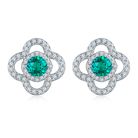 S925 Sterling Silver Clover Stud Earrings, 3.5mm Lab-Grown Emerald, Platinum Plated 2g Lightweight Women's Jewelry Gift Box