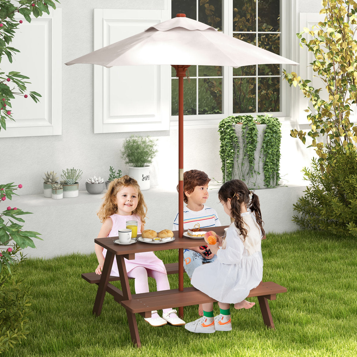 Outdoor 4-Seat Kid's Picnic Table Bench With Umbrella