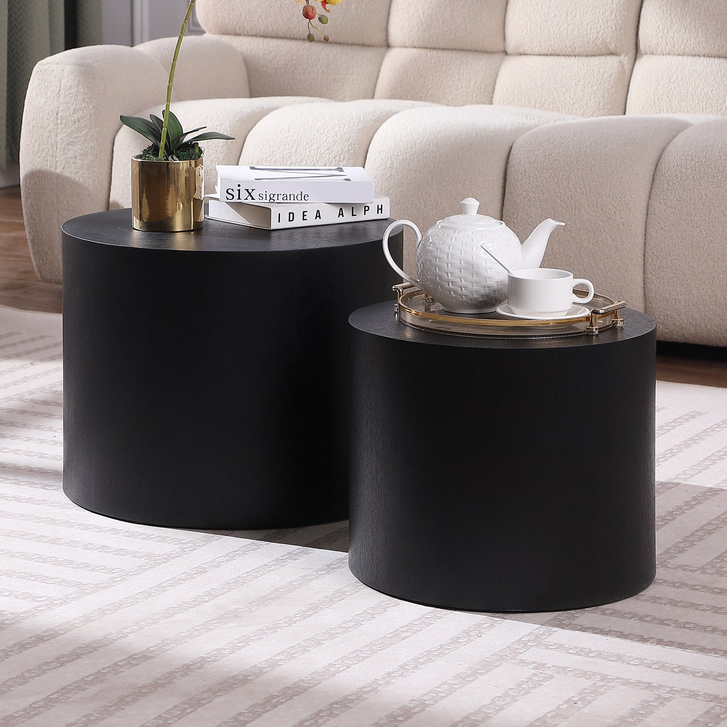 MDF With Ash Oak Walnut Veneer Side Table Coffee Table End Table Nesting Table Set Of 2 For Living Room,office,bedroom Black
