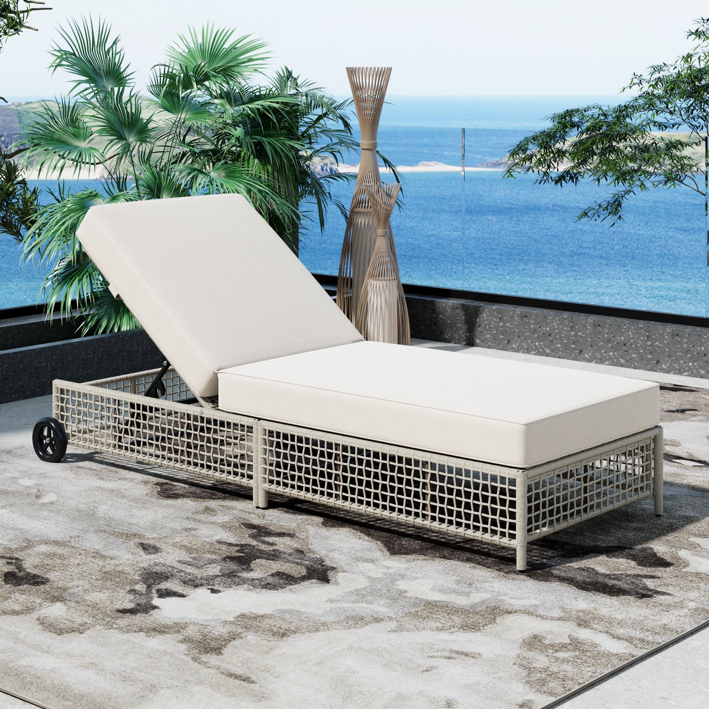TREXM Outdoor Lounge Chair, Patio Chaise Lounge With 5-Position Backrest, Rattan Outdoor Lounge Chair With Cushion And Wheels For Poolside, Backyard, Garden  Beige Cushion Creamy White