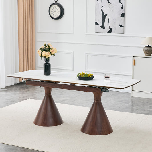 Extendable Stone-Top Dining Table White Marble-patterned Tabletop With Walnut-colored Tapered Metal Legs. A Modern, Luxury-inspired Rectangular Dining Table For Home Use, Suitable For 4-8 People.