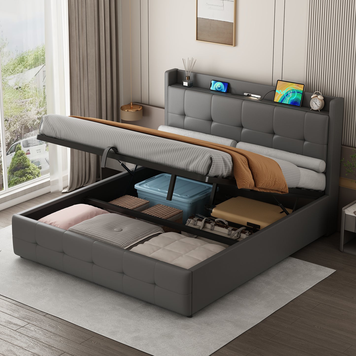 5ft King Upholstered Bed Frame With Hydraulic Storage, PU Leather Ottoman Bed With Concealed Headboard Storage, Double Bed With Charging Station And LED Night Light,  Grey No Mattress