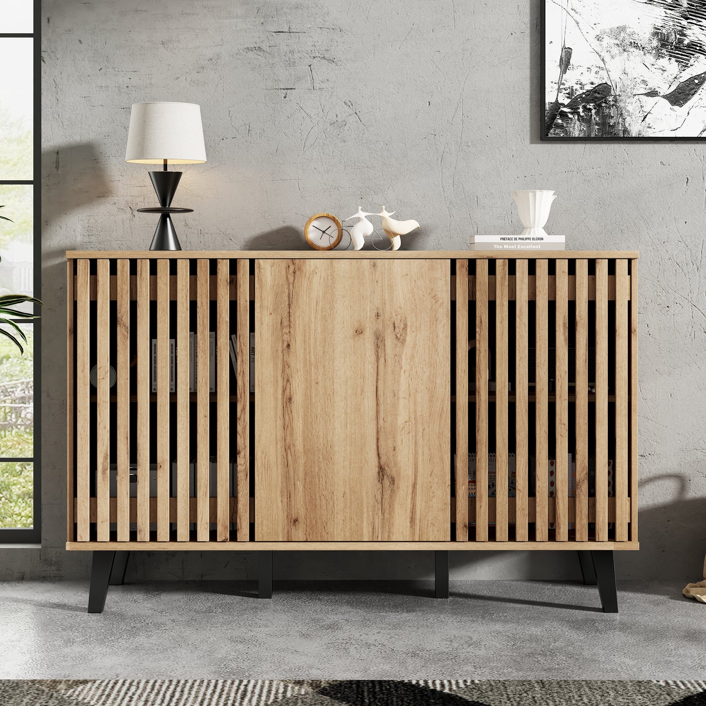 150x40x95cm Side Cabinet, Living Room Side Table, Sideboard, 3-door Wide Cabinet, 6 Divided Storage Compartments. Suitable For Living Room, Bedroom, Office And Entrance Area
