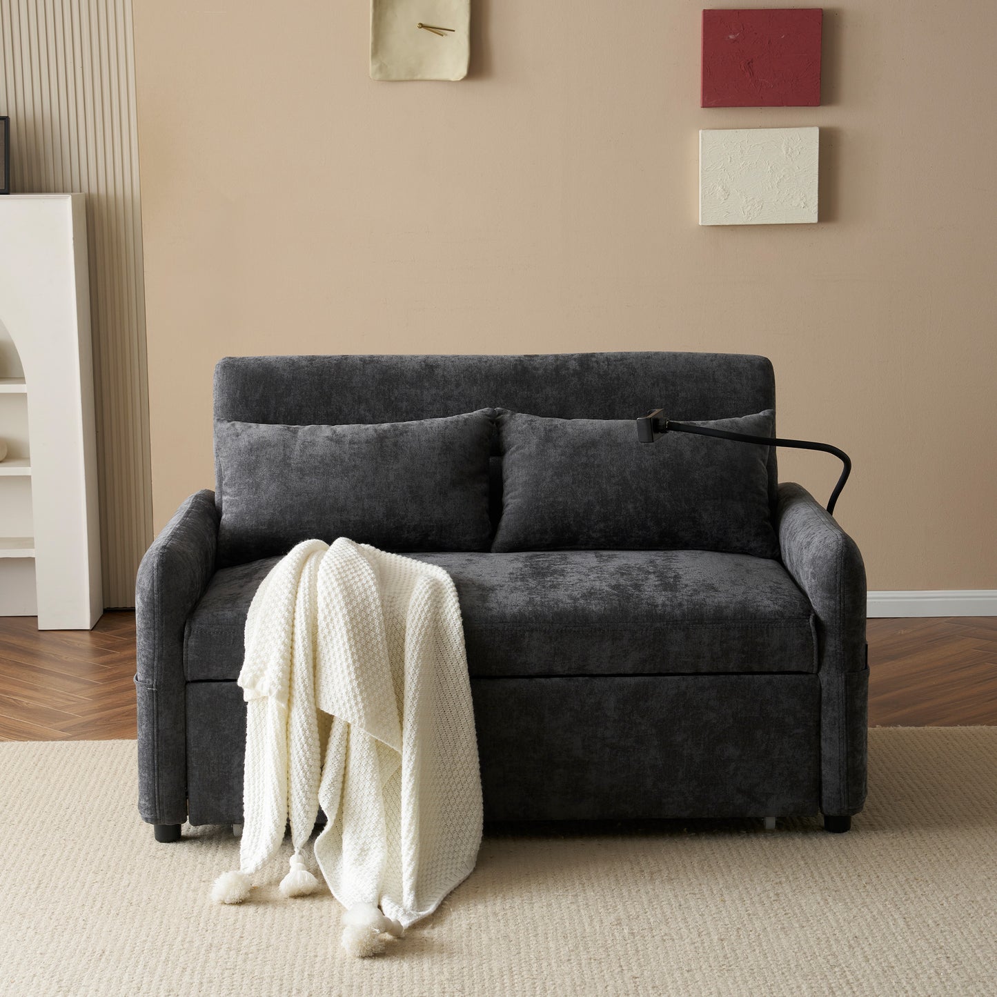 Modern Double Folding Sofa Bed, Multifunction Sofa With Sleeping Function, Adjustable Backrest, Mobile Phone Holder, USB Charging Port, Suitable For Living Room, Bedroom, Home Theater Apartment