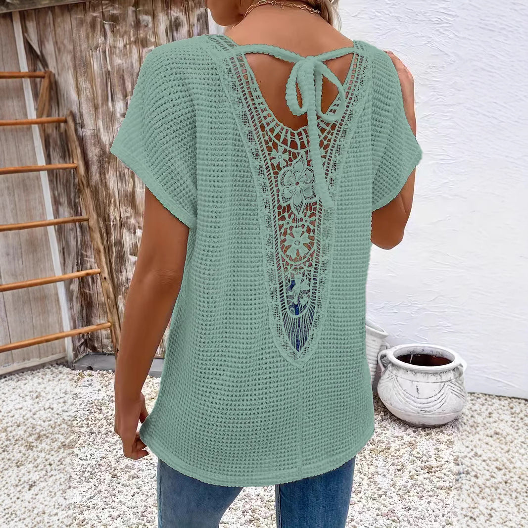 Womens Lace-Panel V-Neck Fashion T-Shirt