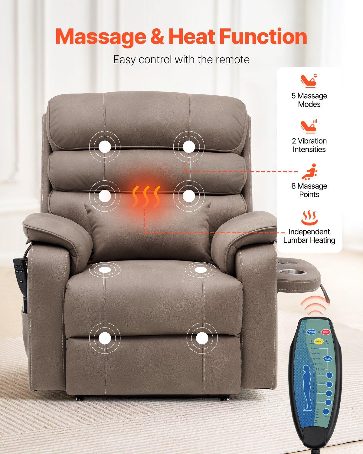 Power Lift Recliner Chair, Lift Chair With Heat And Massage For Elderly, Dual Motor Recliner Chair With A  Cup Holder, Infinite Position Adjustment Electric Recliner (Medium-Wide, Light Brown)