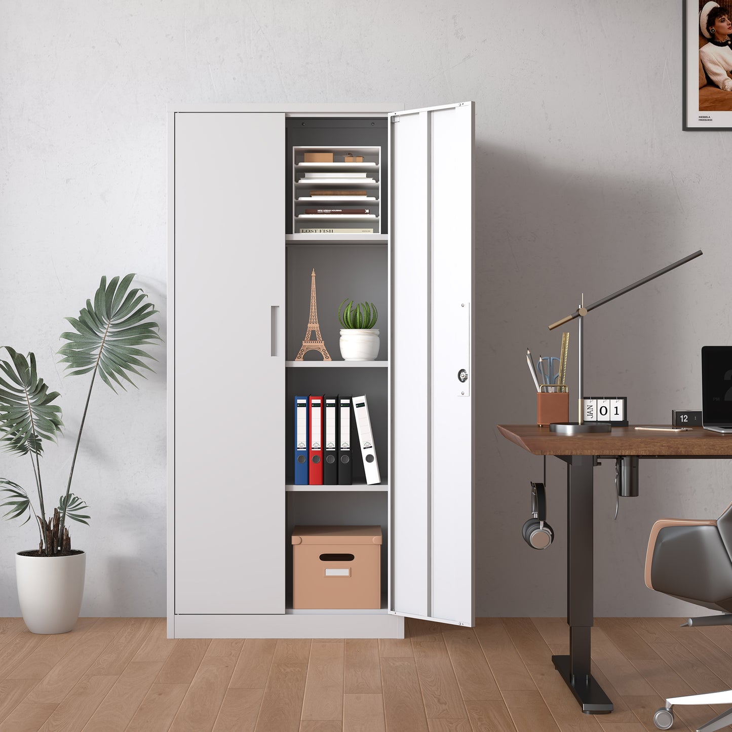 71 H Metal Garage Storage Cabinet, White Tool Steel Locking Cabinet With Doors And 3 Adjustable Shelves, Tall Cabinets For Garage Storage Systems Lockable File Cabinet For Home Office,Classroom,Pantry