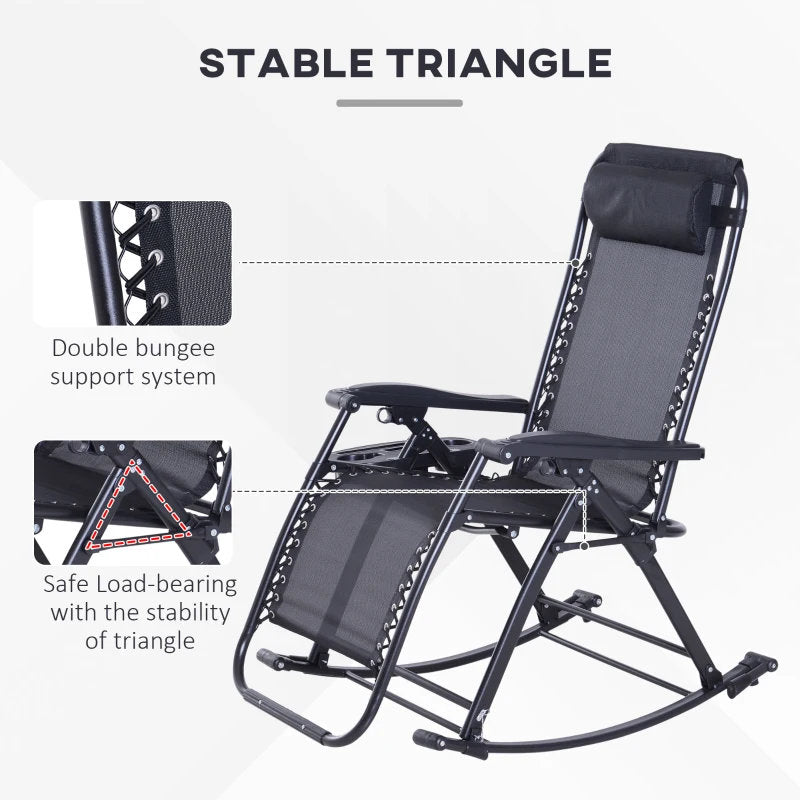 Outdoor Rocking Chairs, Foldable Reclining Zero Gravity Lounge Rocker With Pillow, Cup & Phone Holder, Combo Design With Folding Legs, Black
