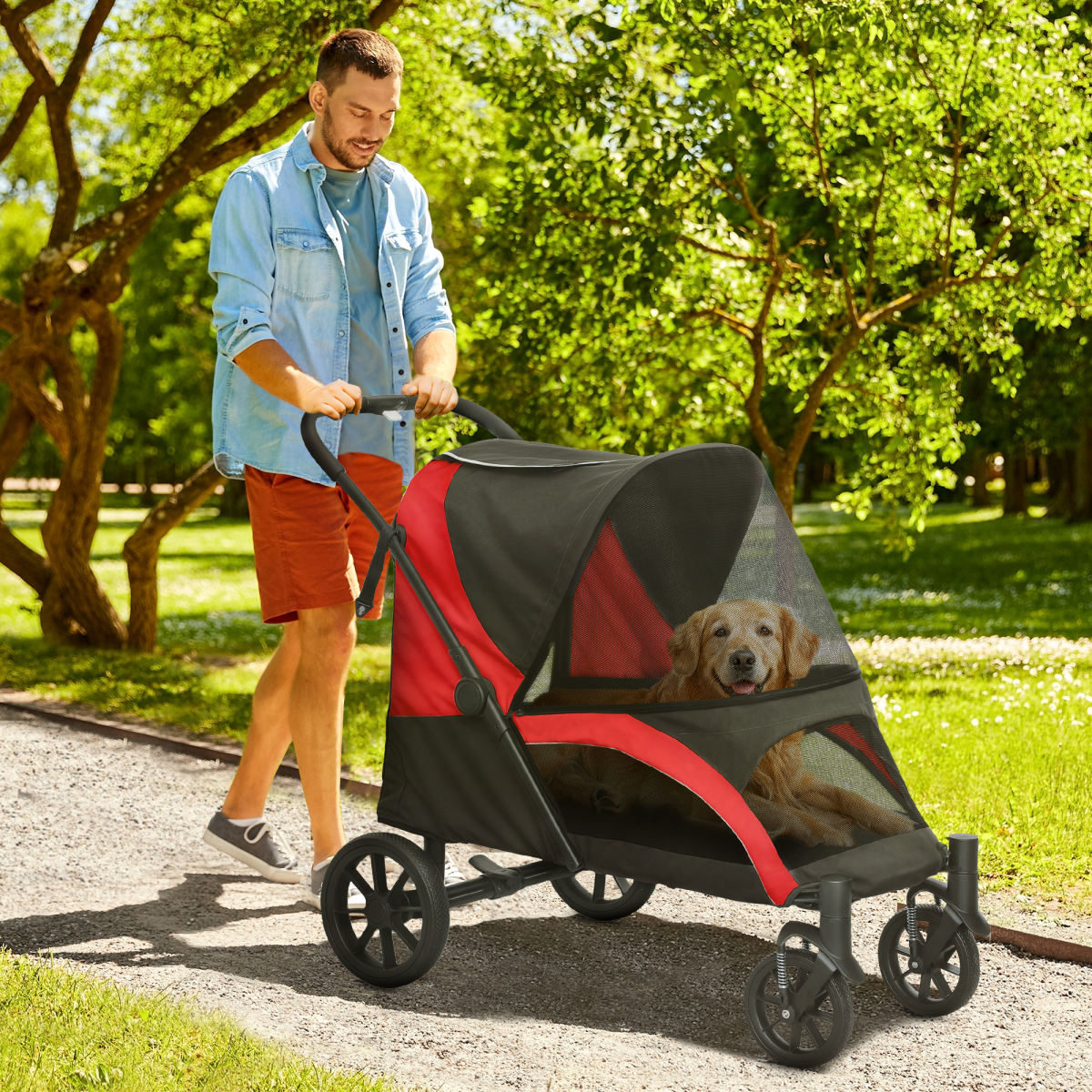 PawHut Foldable Pet Stroller For Large Dogs With Four Big Wheels, Shock-Absorbing Frame, Safety Leashes, Brakes, RedBlack