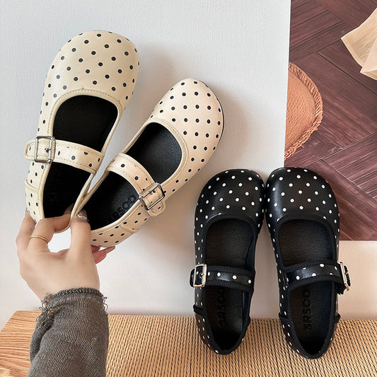 Black Round Toe Retro Polka Dot Shallow Mouth Flat Sole Single Shoe Women's Summer 2026 New Style Hundred Matching Skirt Mary Jane Shoes