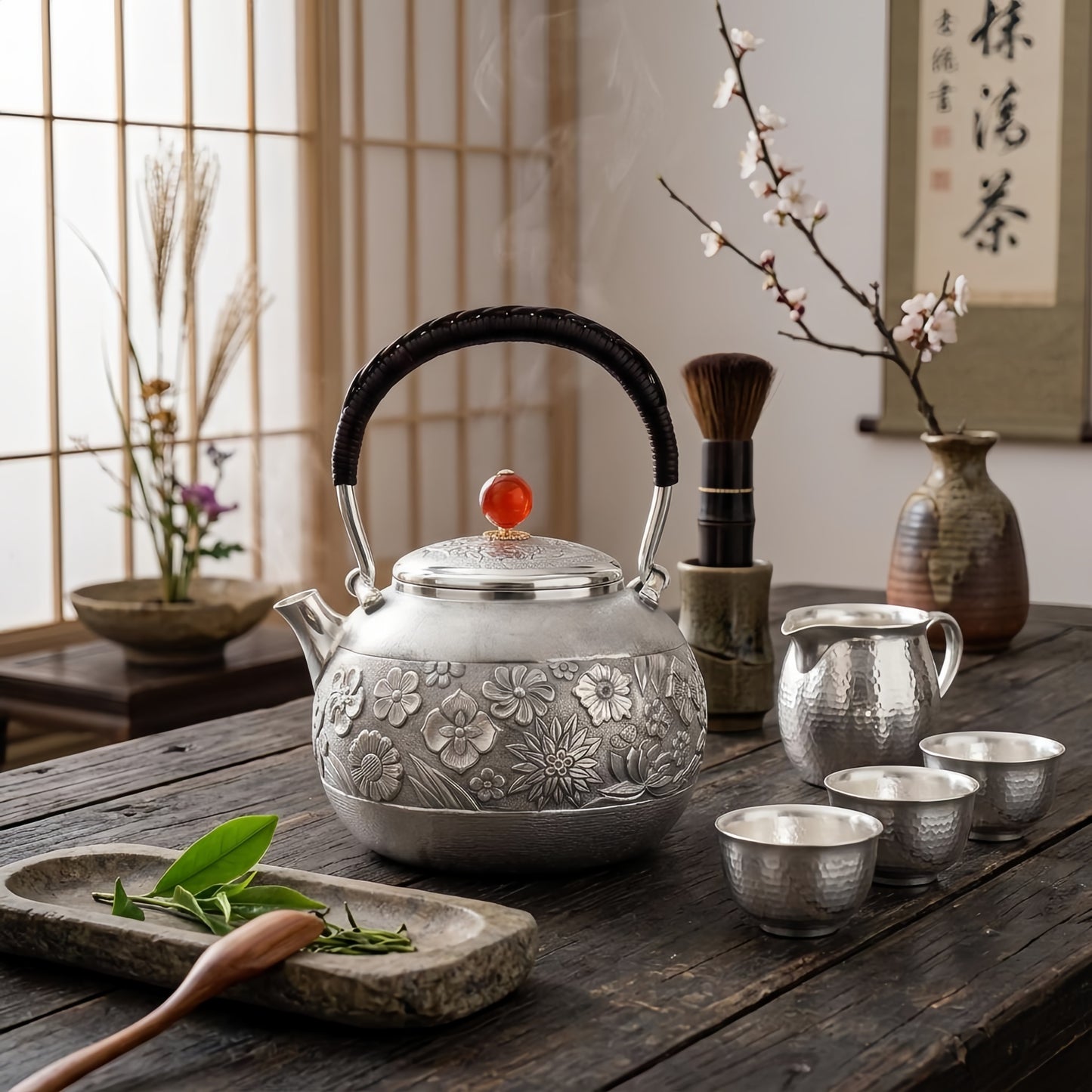 Pure 999 Fine Silver Exquisite Sterling Silver Tea Kettle Featuring Intricate Floral Carvings and Woven Handle - Handicraft