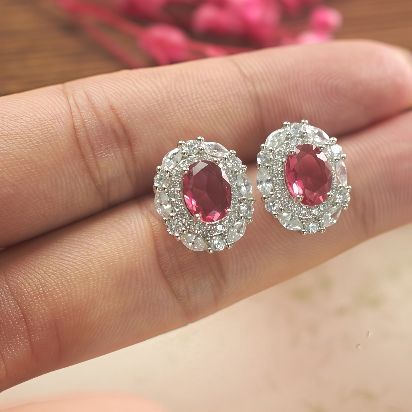 Oval Cut Hot  Ruby CZ Double Halo Stud Earrings For Women, Copper Silver Plated Pear & Round White Crystal Vintage Bridal Wedding Statement Jewelry Gift