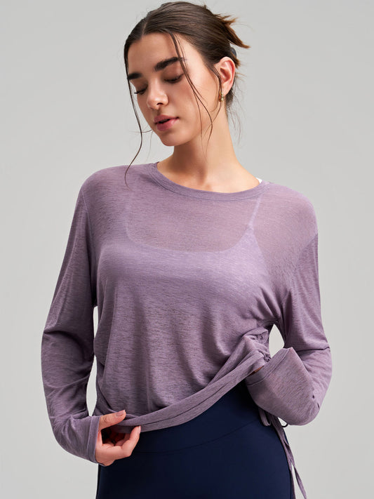 New Outerwear Crew Neck Yoga Cover-up Long-Sleeve Hip-Covering Side Drawstring T-Shirt, Loose Breathable Workout Running Yoga Top