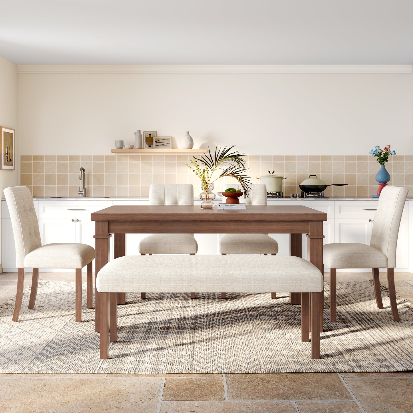 6-Piece Modern Dining Set, Rectangle Kitchen Table With 4 Upholstered Chairs & Bench, Ideal For Dining Room And Living Room,  Easy Assembly, Space Saving