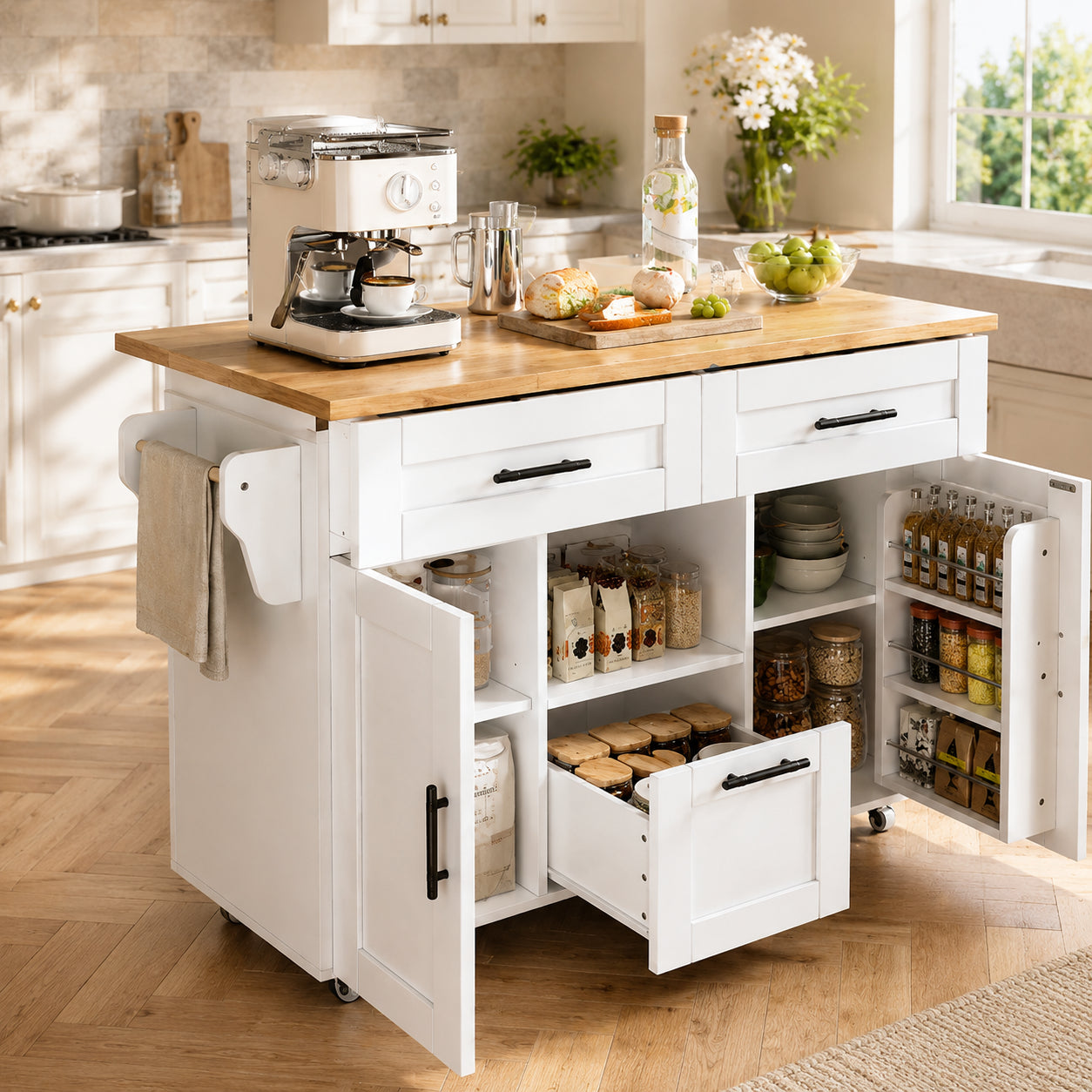 Kitchen Trolley Modern Nordic Style With 360 Universal Wheels, Storage Shelf With Drawers & Towel Rail, Folding Tray & Silent Spring Lock, Flexible Storage Design