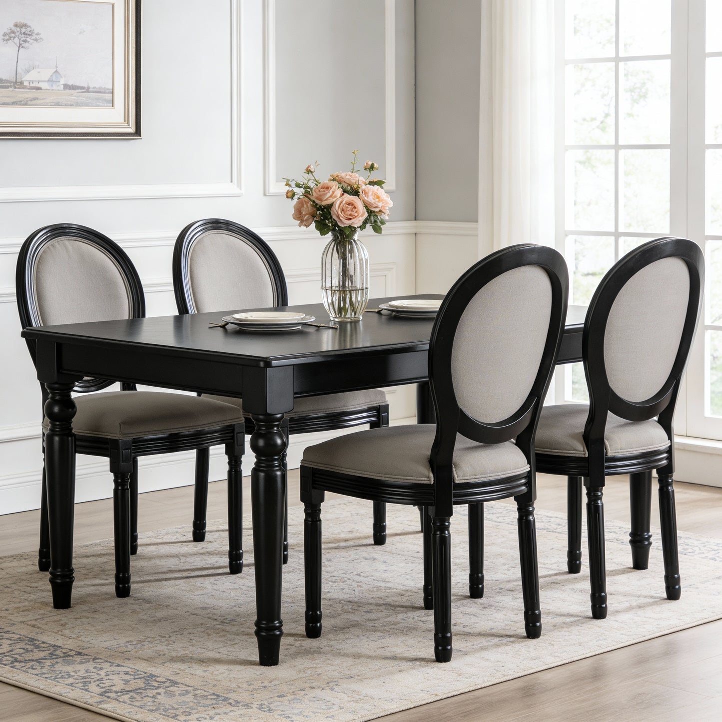 French Country Dining Chairs Set Of 2, Upholstered Chairs With Sponge Round Back , For Living Room, Kitchen , Restaurant Use, Black Solid Wood Frame,Light  Grey Fabric