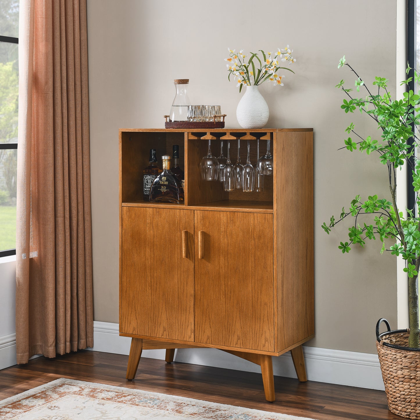 31.5  Liquor Cabinet With Wine Glass Holder & Wine Rack & Adjustable Shelf, Wine Cabinet, Kitchen Coffee Bar Cabinet, Rustic Sideboard Buffet  Cabinet With Storage For Home Farmhouse Dining Room