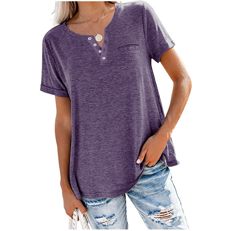 Women's Henley Neck Button Detail Curved Hem Pocket Decor Casual Short Sleeve T-Shirt