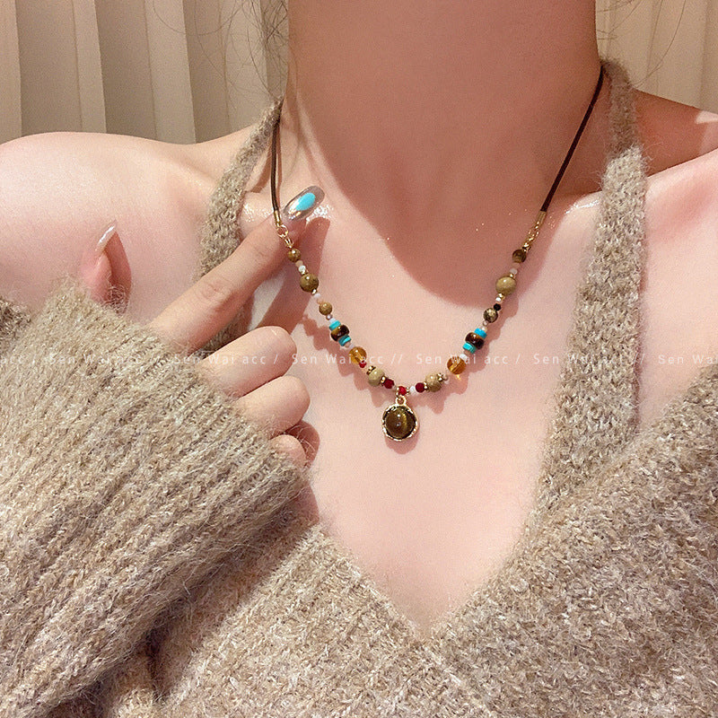 Tiger's Eye Stone Pendant Necklace For Women 2026 New Model Light Luxury Niche Design Versatile Long Beaded Sweater Chain Accessory