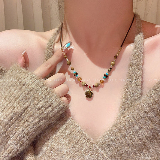 Tiger's Eye Stone Pendant Necklace For Women 2026 New Model Light Luxury Niche Design Versatile Long Beaded Sweater Chain Accessory