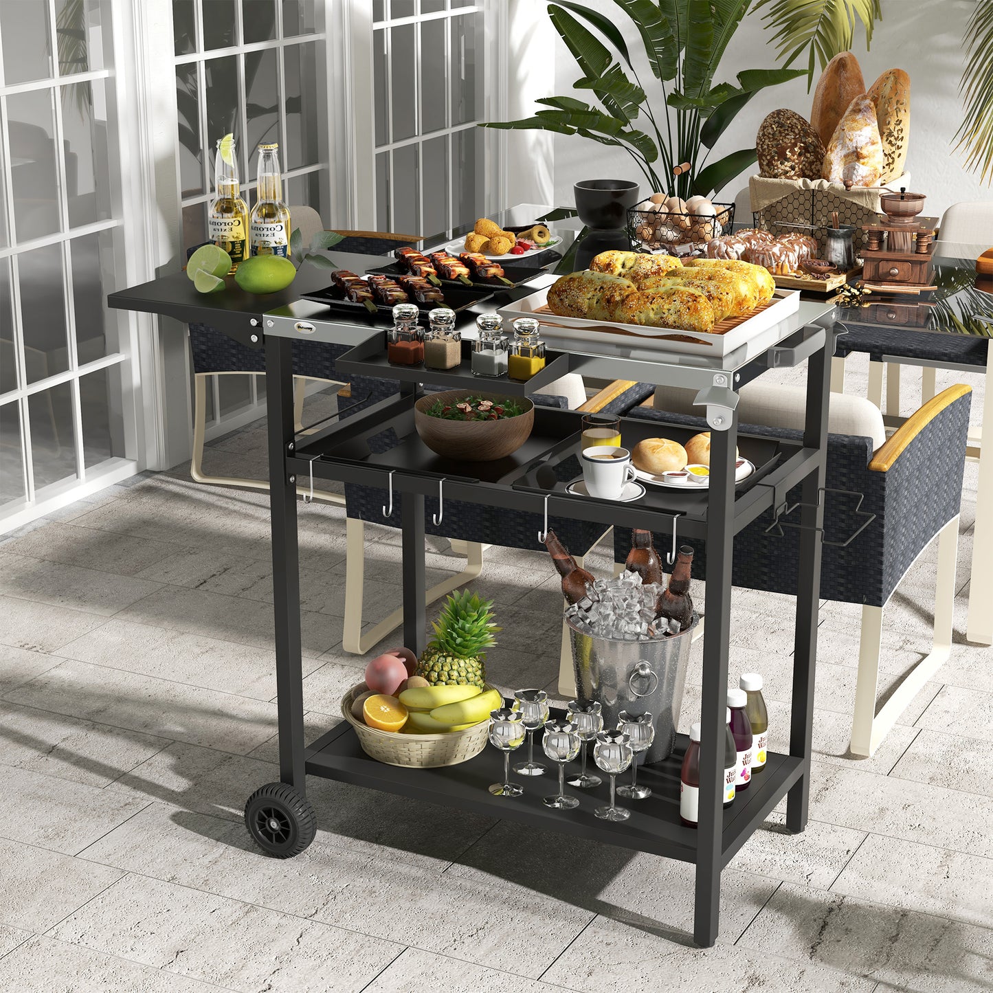 2-Tier Shelf Outdoor Bar Cart, Stainless Steel Tabletop Patio Serving Cart With Accessories For Poolside, Garden, Black