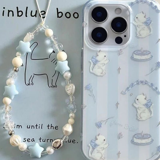 Applicable Mobile Phone Blue And White Striped Cat Lanyard Protective Cover