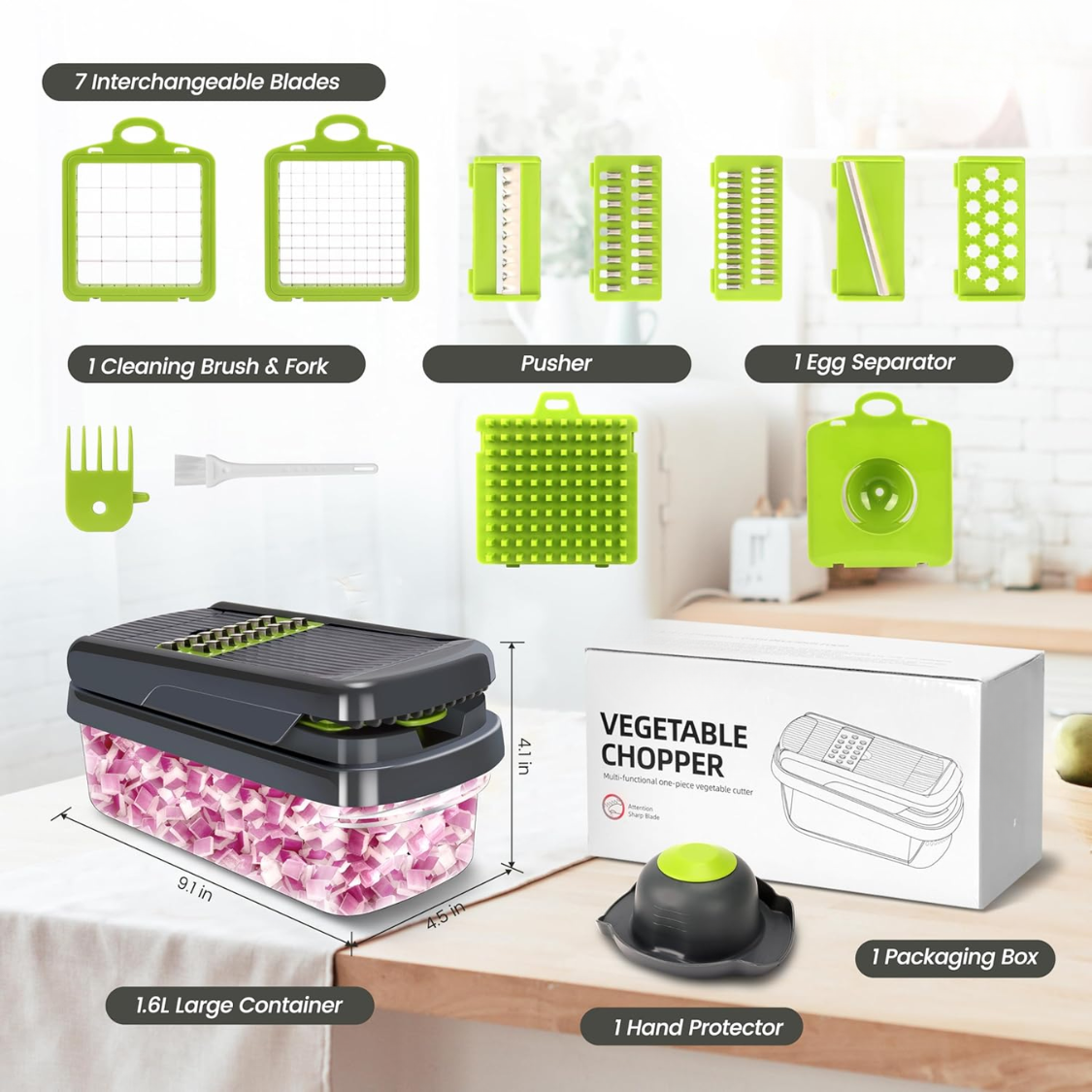 Vegetable Chopper, 12 In 1 Food Veggie Chopper Cutter With Container  7 Sharp Blades Dice, Slice, Shred And Grate For Salads, Onions And Meal Prep With A Non-Slip Base And Drain Basket