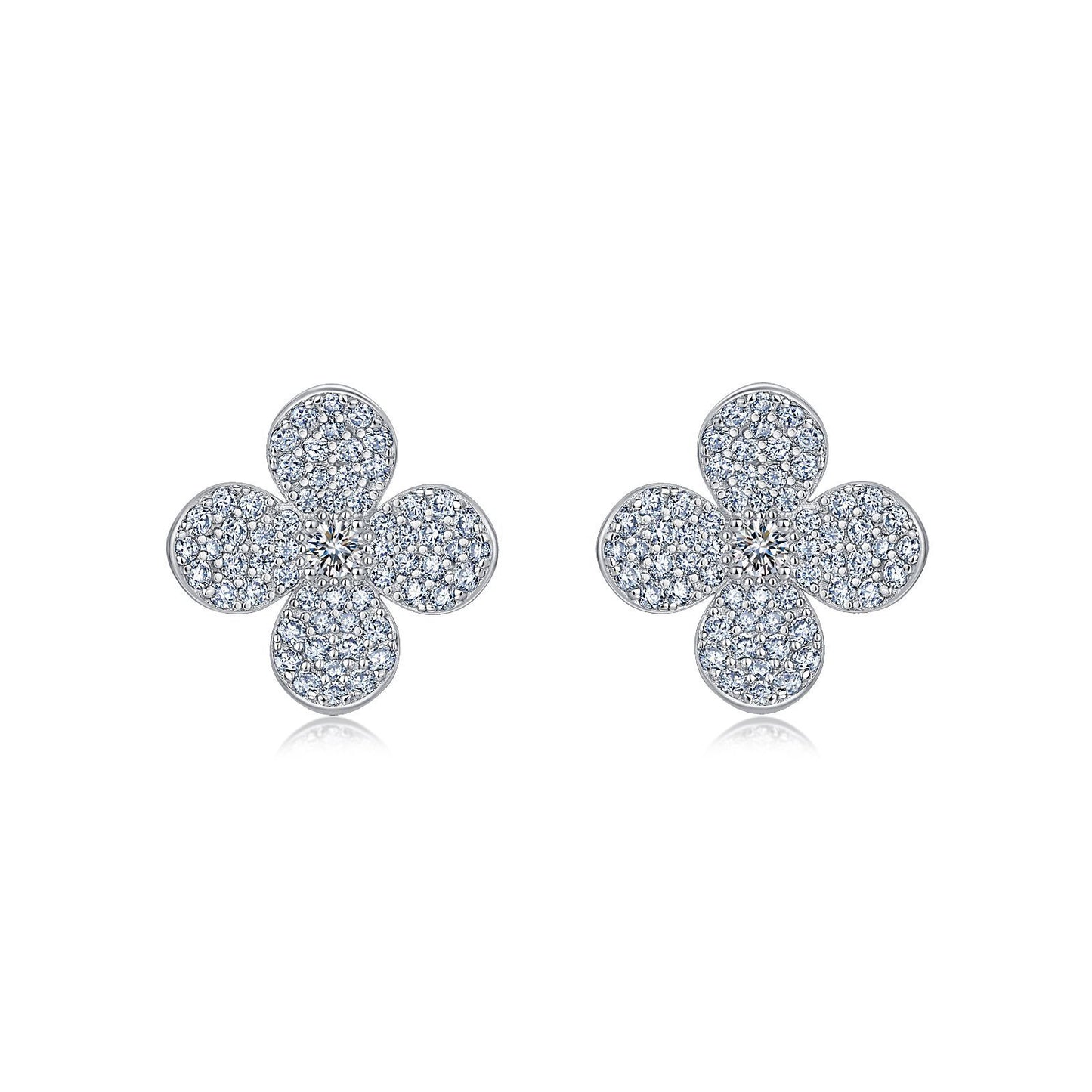 S925 Sterling Silver Full Pave Clover Stud Earrings, D-VVS1 Moissanite, Platinum Plated 2.5g Elegant Women's Jewelry Gift Set