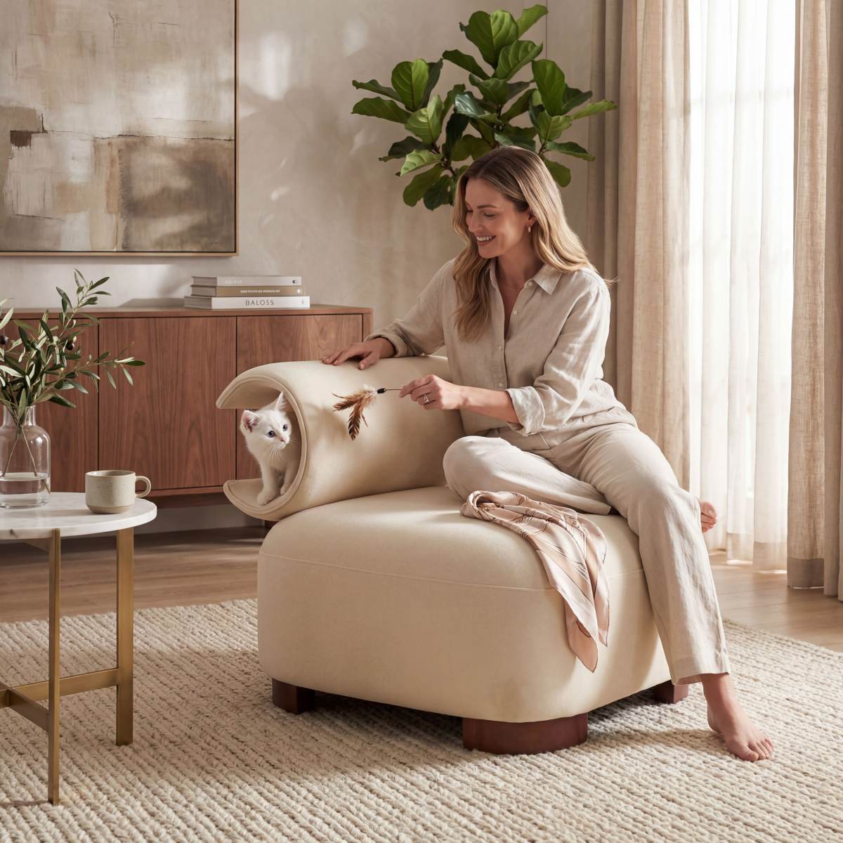 Modern Beige Polyester Accent Chair For Living Room - Pet-Friendly, 330 Lbs Weight Capacity, Stylish & Durable Design