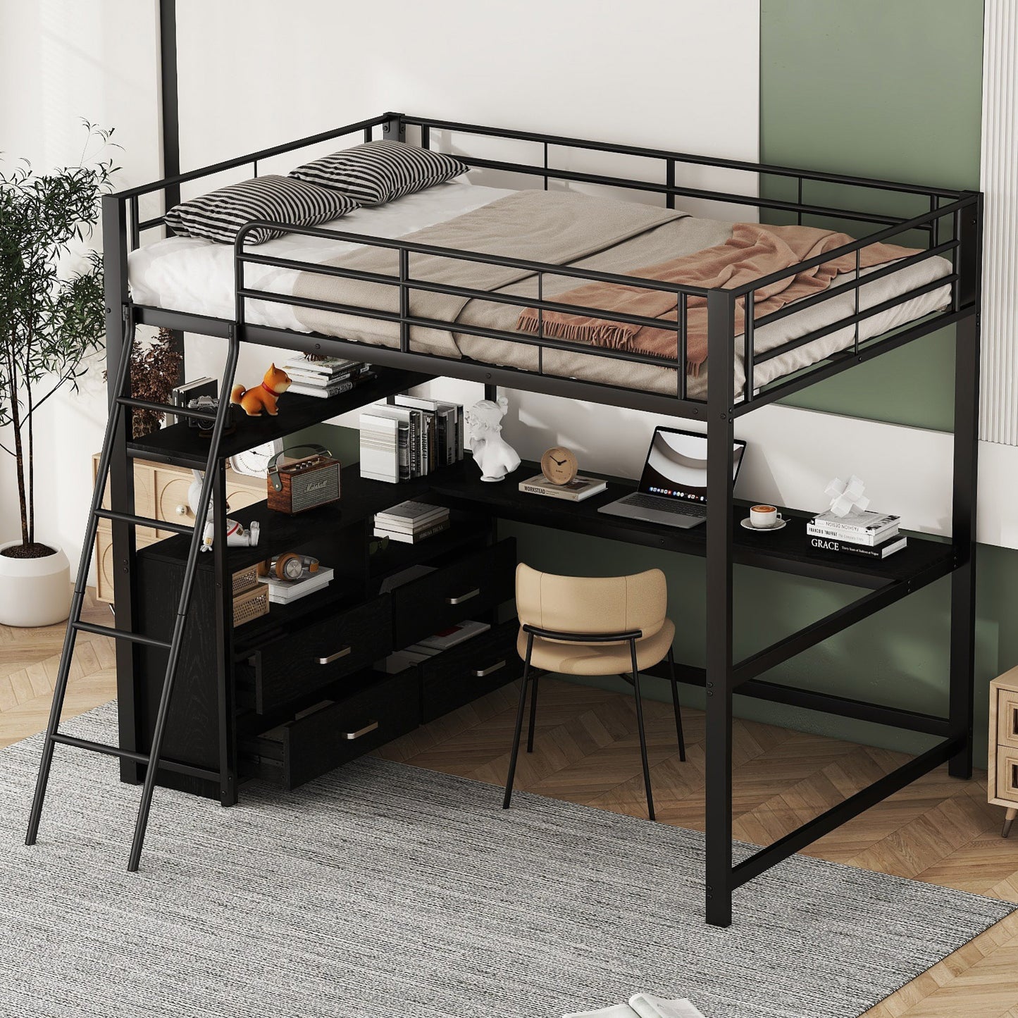 Loft Bed, 140X200cm, Iron Frame Bed, Practical Drawers, Stylish L-shaped Desk, Laminate Design, Without Mattress, Black