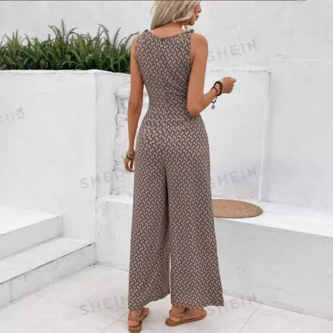 Womens Best-selling Waist-cinching Adjustable-lace-up Printed Jumpsuit