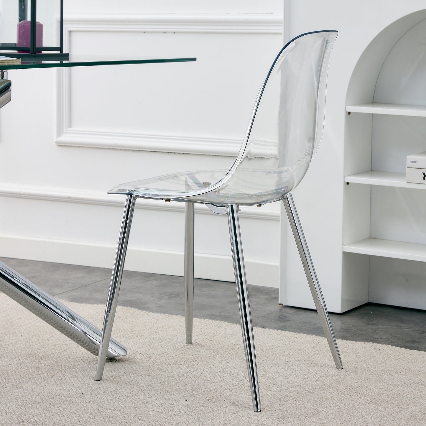 Modern Minimalist Transparent Dining Chair, Plastic Chair, Armless Crystal Chair, Nordic Creative Makeup Stool, Negotiation Chair, Silver Plated Metal Leg 6-piece Set, TW-1200