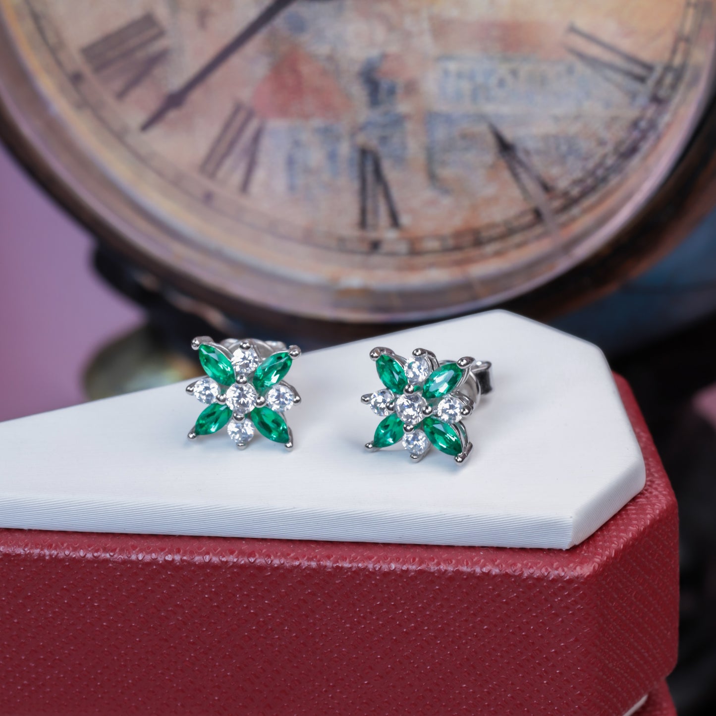 S925 Sterling Silver Lab-Grown Emerald Flower Stud Earrings, 4x2mm Marquise Cluster, Platinum Plated 1.4g, Women's Jewelry Gift Box