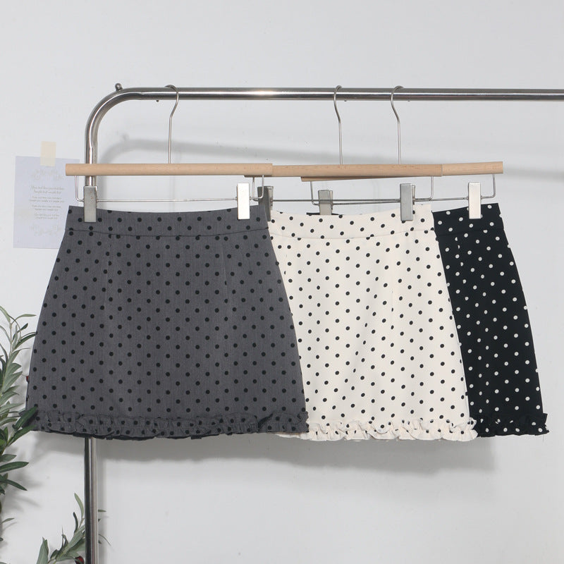 Korean-style Fringed Hem Polka-dot High-waist Anti-exposure A-line Sheath Skirt