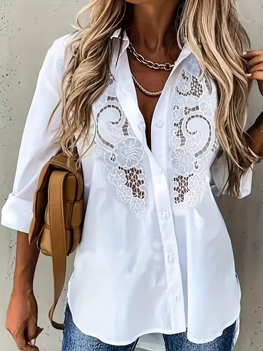 Plus Size  Women'S Plus Size Casual Fashion Temperament Elegant Comfortable Commute Vacation Versatile Embroidered Hollow Craft Solid Color Long Sleeve Shirt
