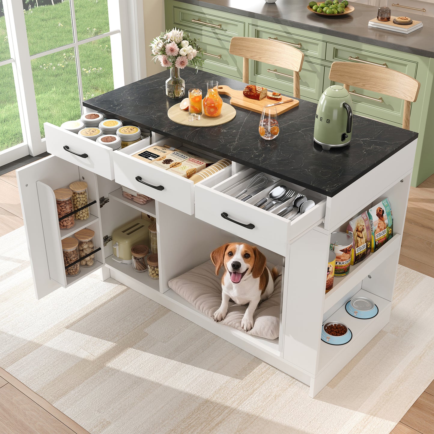 Kitchen Island, Cabinet With 3 Drawers, 1 Spice Rack, Adjustable Shelf Top, Double Shelf Without Dog Food Plate, Spacious Pet Storage Area Without Dog Cushion, 120x60x90 Cm, White