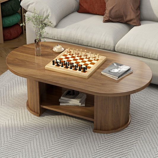 Oval Fluted Coffee Table, 47 Farmhouse Wood Coffee Table, Mid-Century 2-Tier Coffee Table With Storage Shelf, Accent Center Table With Dual Base, Boho Living Room Tables For Living Room Office,Walnut