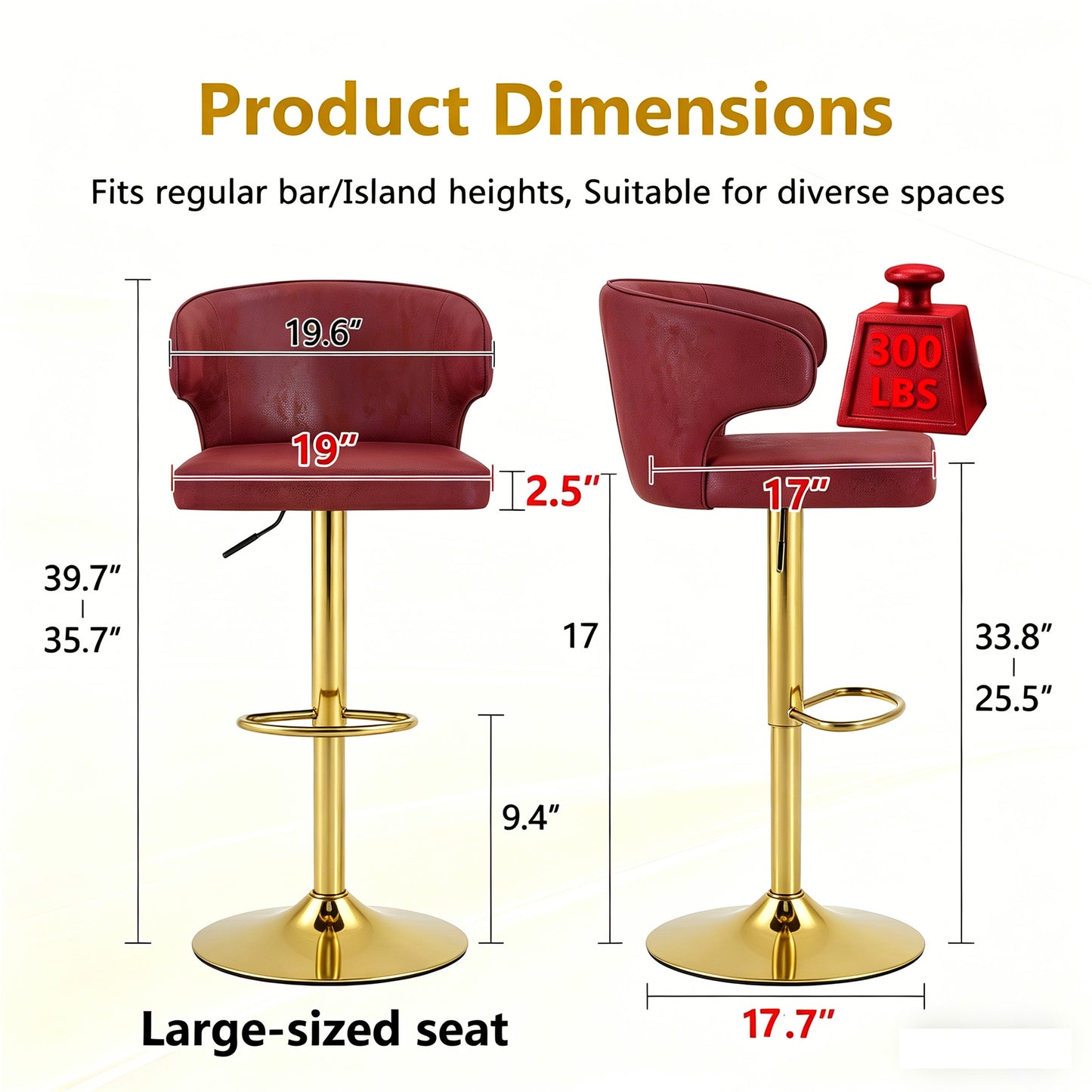 Modern Rotating Adjustable Bar Chair, PU Leather Belt Backrest Swivel Chair, Suitable For Kitchen Bar Counter And Dining Room, Adjustable Height, Capable Of Bearing 300 Pounds  Red -2 Pieces