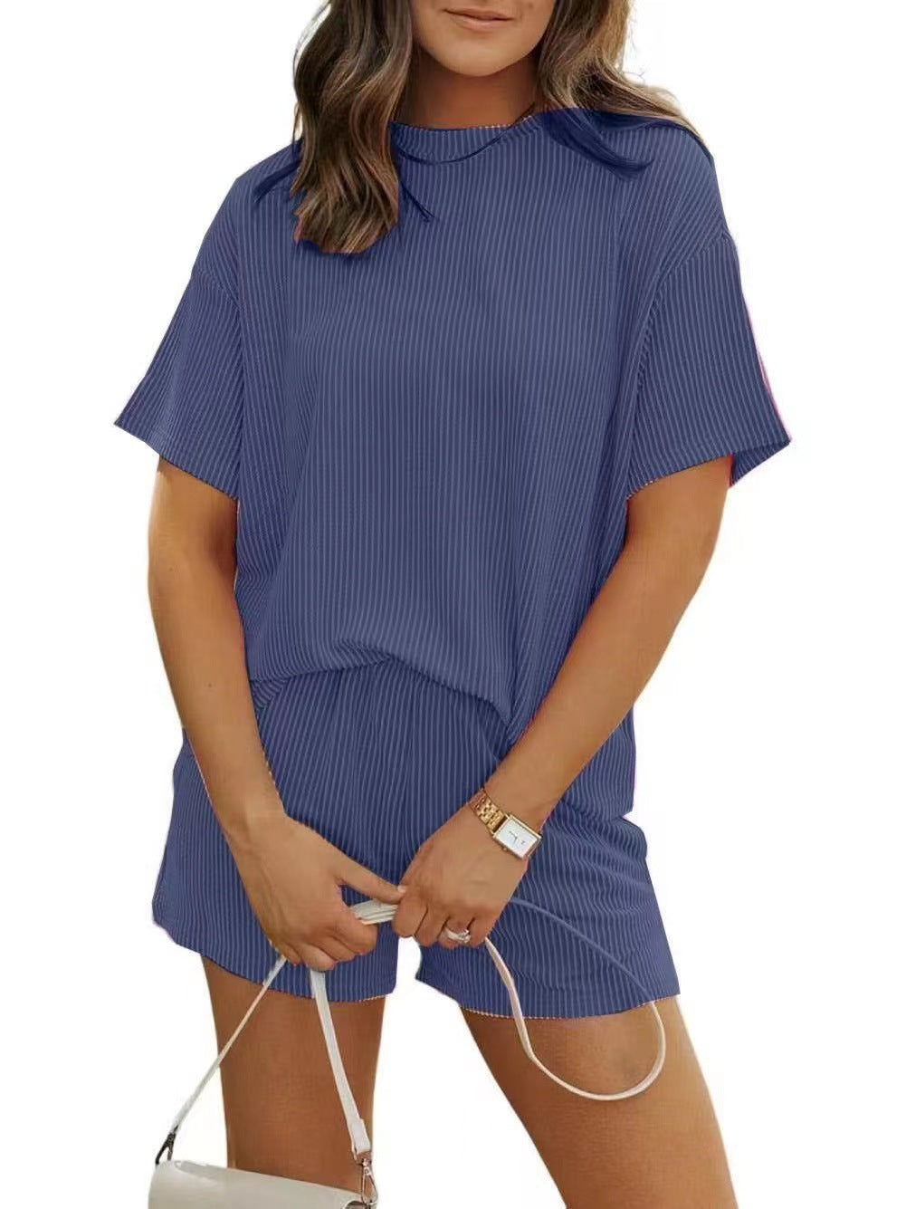 Summer Casual Chic Striped New Round-neck Womens Outfit Set