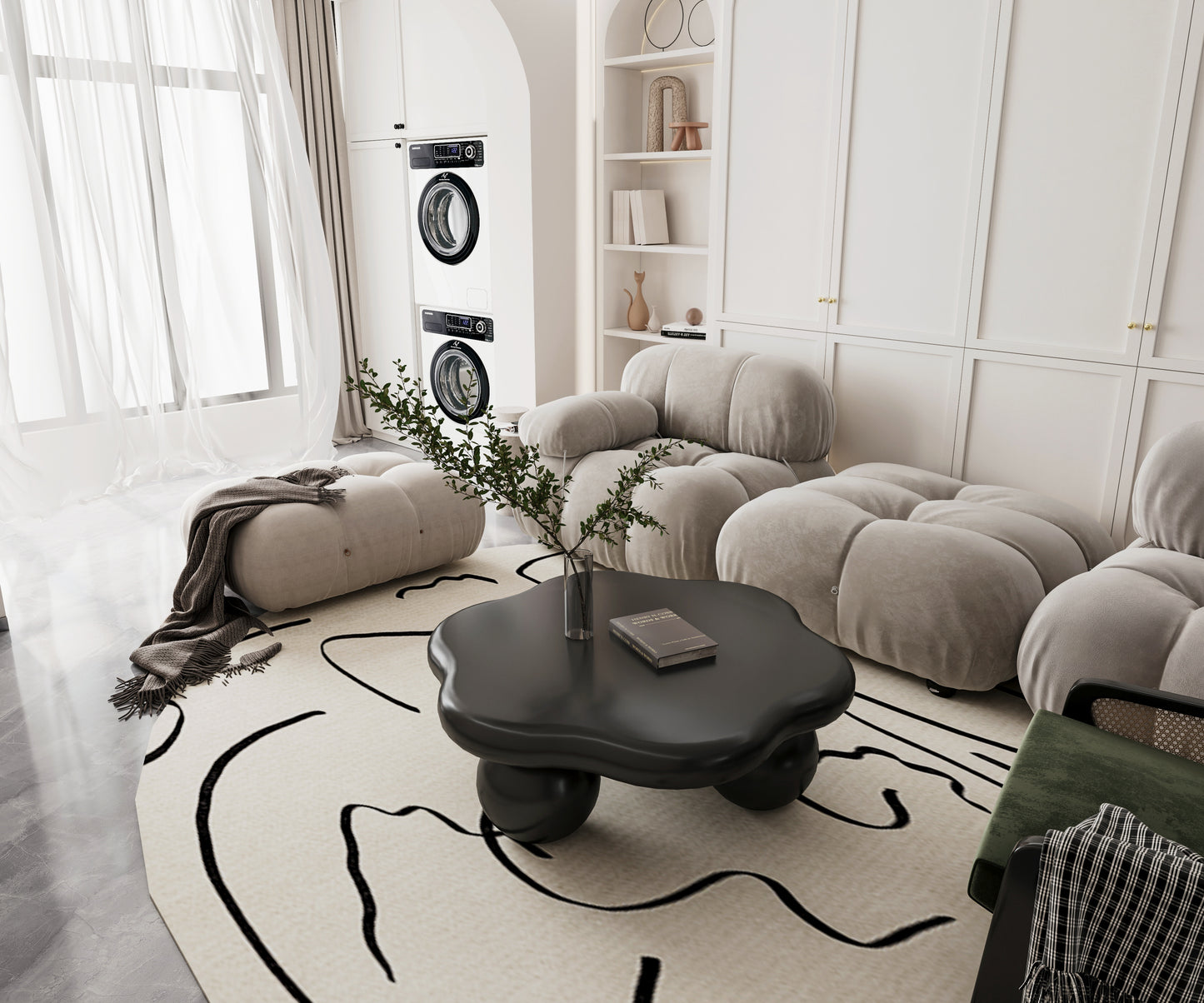 80cm Black Cloud Shaped Coffee Table, Petal-Shaped Modern Minimalist Coffee Table With Spherical Legs, Matte Black Kid & Pet Friendly Space Saving Living Room Table For Small Apartment, Matte Blac