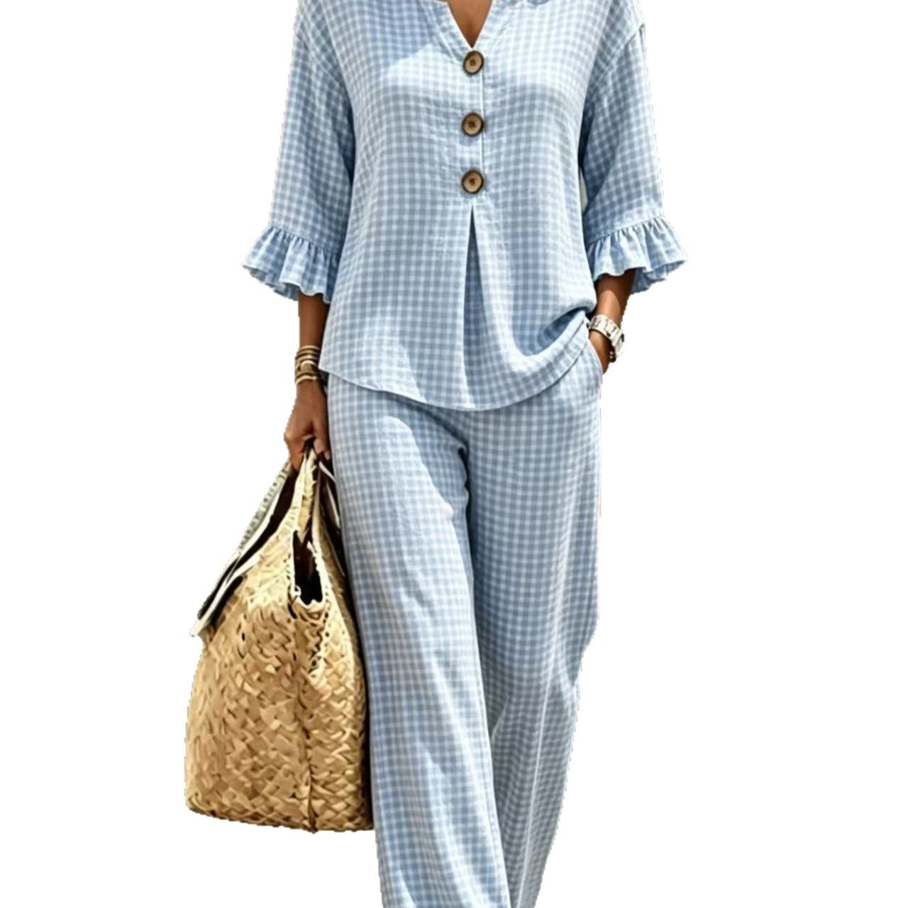 Womens New Casual Buttoned V-Neck Ruffled Hem Plaid Three-Quarter-Sleeve Top And Pants Set