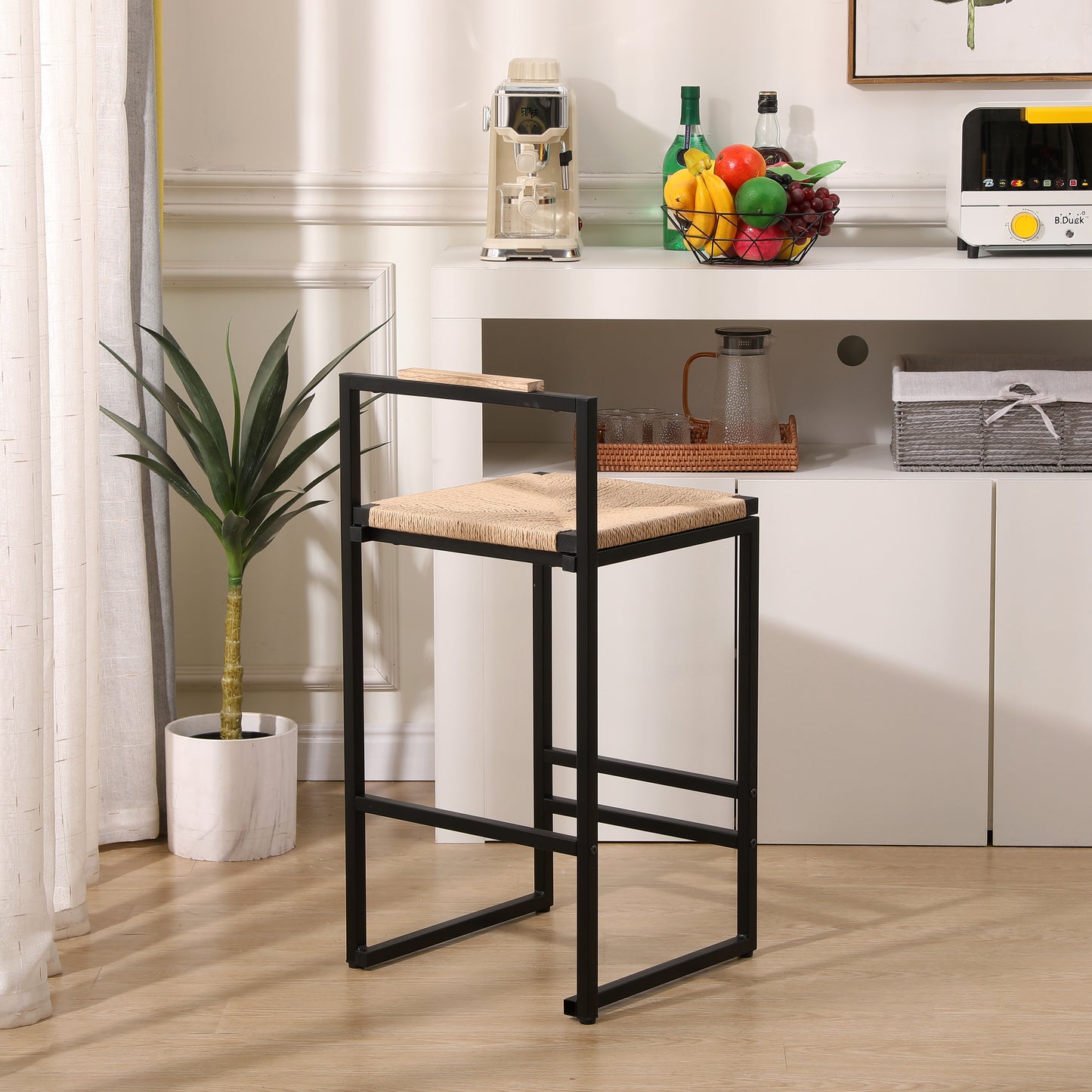 Set Of 2 Bar Stools With Back  Paper Rope Woven Counter Height Dining Chairs For Kitchen, Home  Paper Rope With Back