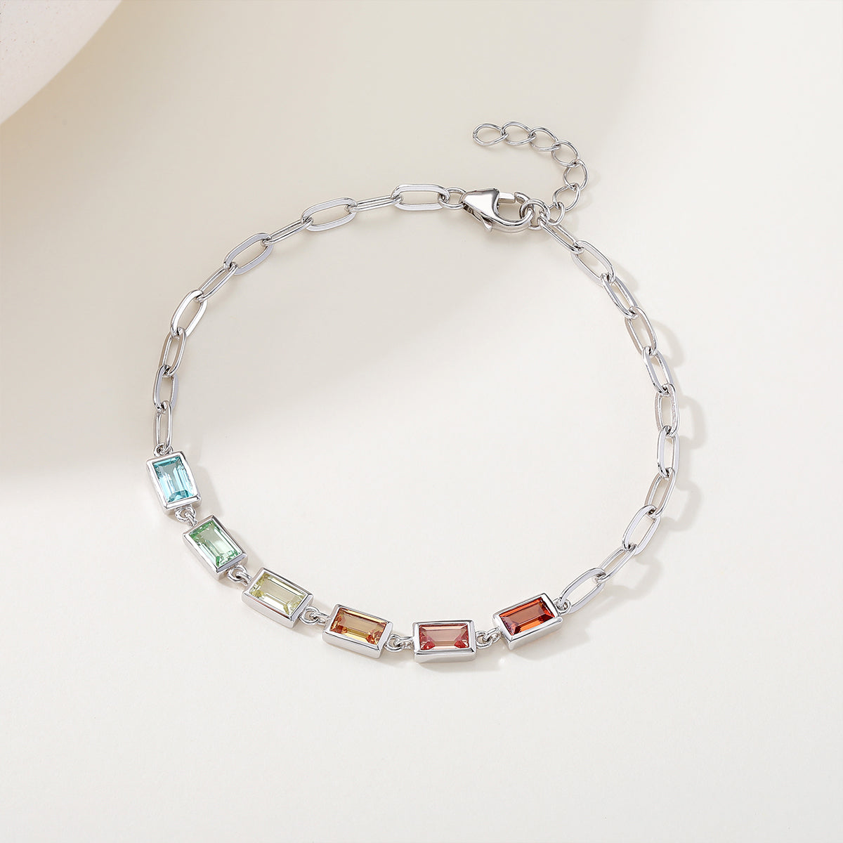 S925 Sterling Silver Rectangle Rainbow Lab-Grown Gemstone Bracelet 16cm Paperclip Chain Platinum Plated Fashion Gift Box