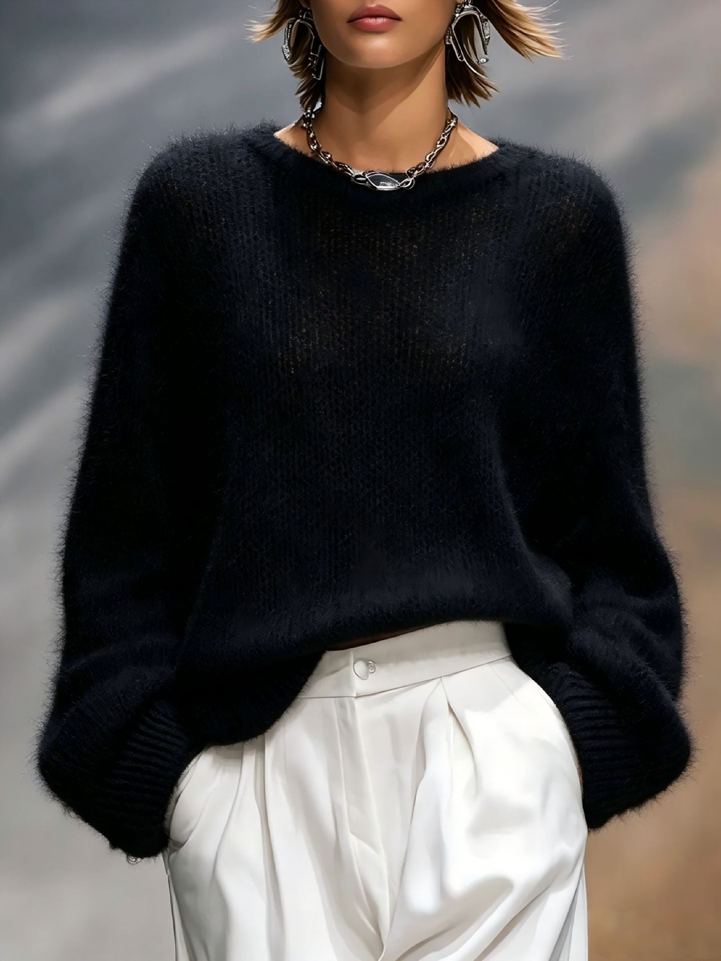 New Autumn Winter Relaxed-style Elegant Solid-color Crew-neck Loose-fit Womens Pullover