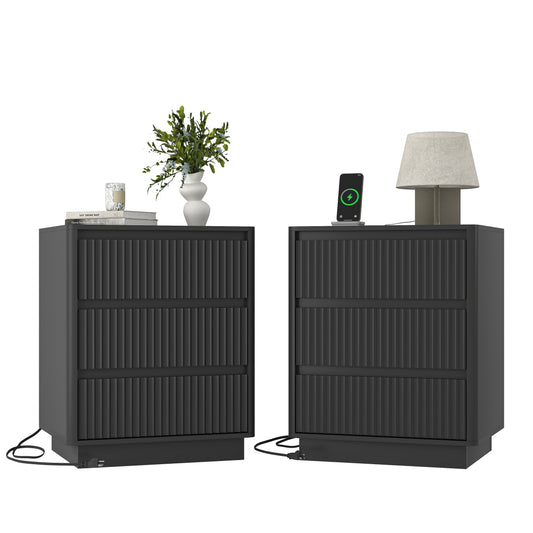 Set Of 2 End Table With Fast USB C Charging Station, Sofa Side Table With 3Drawers, Large Storage Modern Wood Storage Cabinet For Living Room,Bedroom,Office, Black