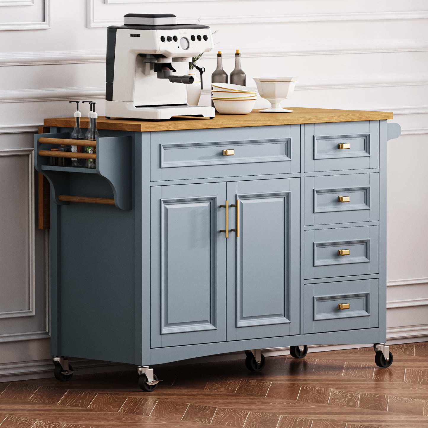 K&K 52   Kitchen Island With Drop Leaf, Embossed Texture Kitchen Island On Wheels With Spice Rack, Towel Rack, 2 Doors And 5 Drawers, Kitchen Storage Cart With Adjustable Shelf For Kitchen, Blue Grey