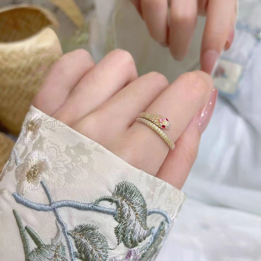 1pc 999 Sterling Silver Gold-Plated Enamel Peach Blossom Snake Open Ring, Retro & Elegant Style, Perfect For Daily, Dating & Gifting, Ideal Valentine's Gift