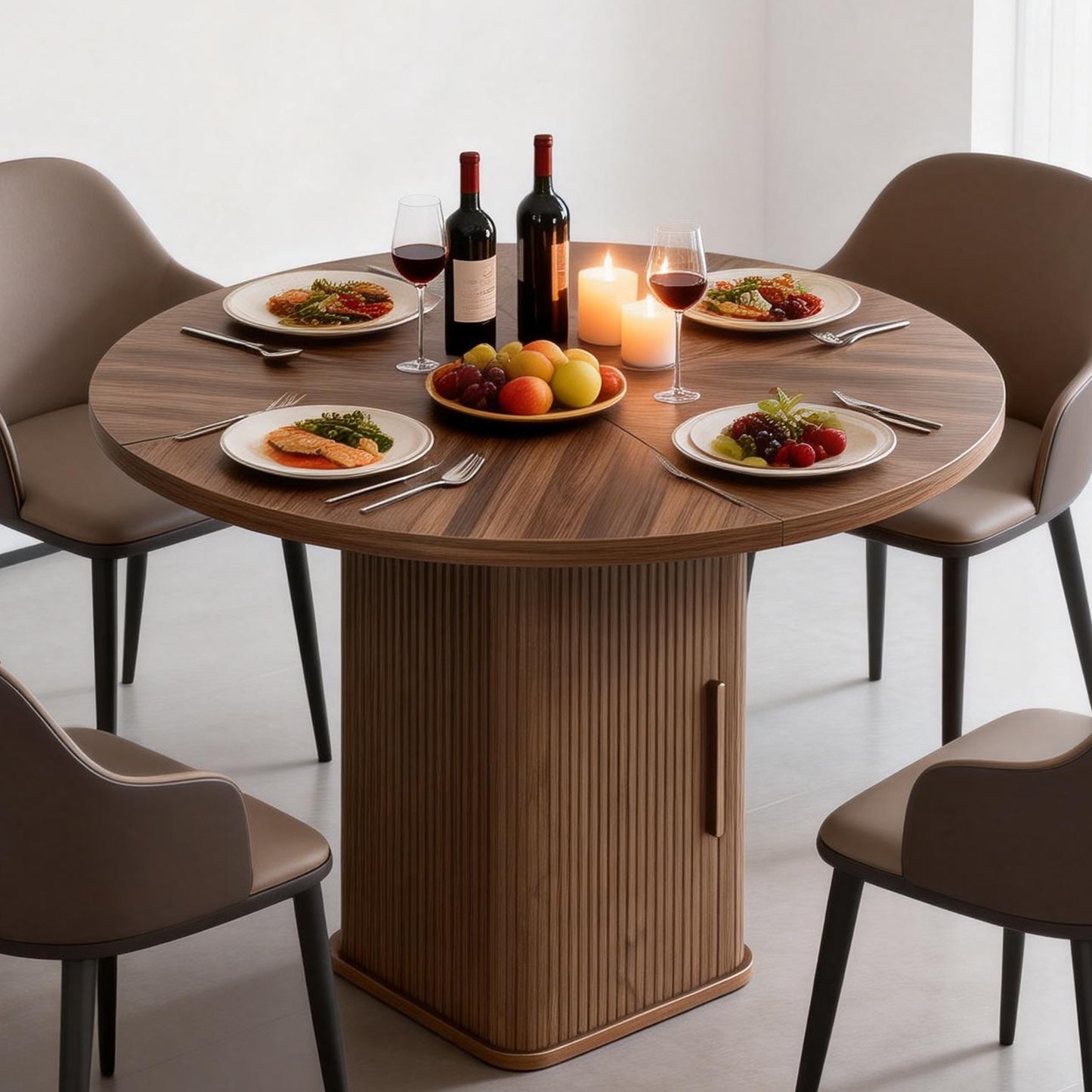 47in Dining Table Exquisite Round Table With 2 Storage Shelf Wood Slide Door And Wooden Base For Dining Room Home Kitchen Canteen