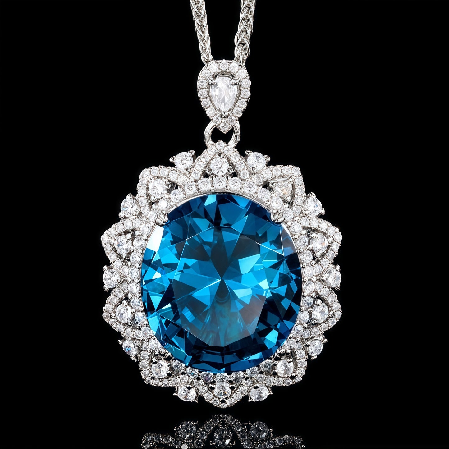 Oval Cut Royal Blue Simulated Sapphire Double Halo Pendant Necklace For Women, Copper Plated Silver White CZ Vintage Floral Halo Wedding Bridal Statement Jewelry Gift