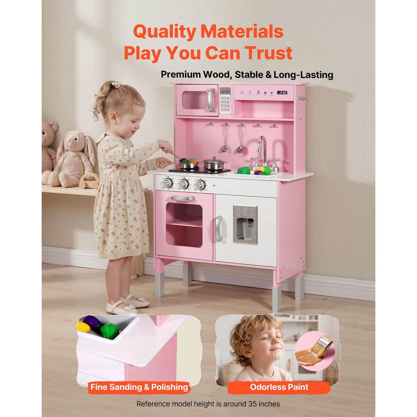 Play Kitchen For Kids, Wooden, Kids Kitchen P Layset With Real Lights & Sounds, Food & Cookware, Pretend P Lay Toy Set, Microwave, Oven, Clicking Knobs, For Toddlers, Girls & Boys Ages 3-8, P Ink